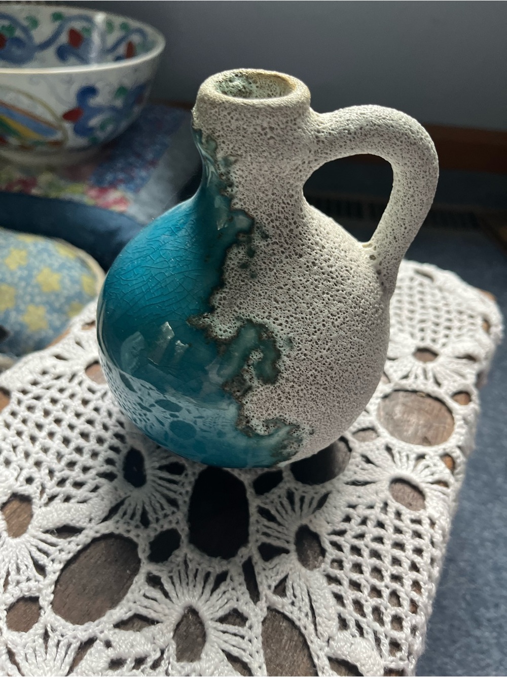Handcrafted Turquoise and Cream Ceramic Vase - Unbranded